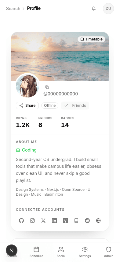 UniTrack profile showing live Discord and Spotify widgets