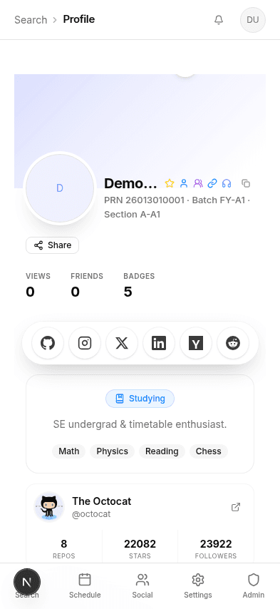 UniTrack profile with the cover layout and activity widgets
