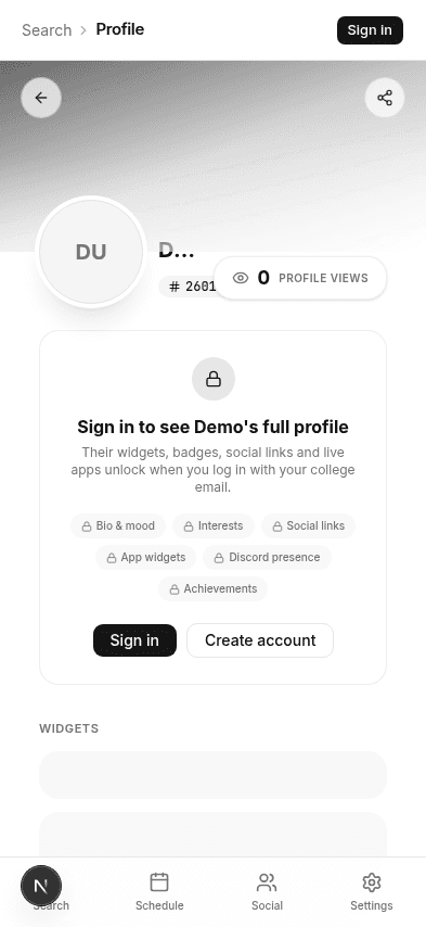 UniTrack public profile — cover photo, bio and widget grid